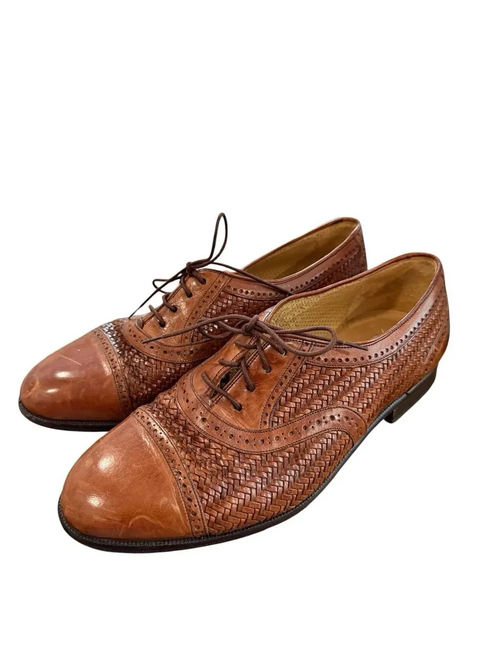 Mezlan Men's Woven Brown Leather Cap Toe Oxford Dress Shoes Size 8W Weaved